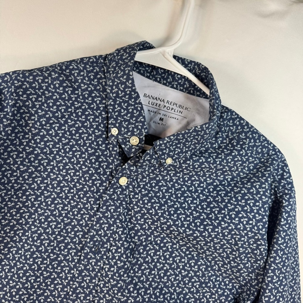 Banana Republic Luxe Poplin Mens Slim Fit Navy Blue Floral Print Shirt Medium